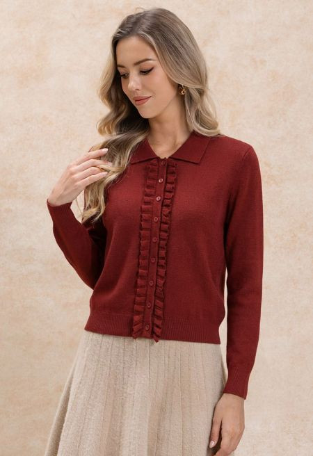 Elegant Ruffle-Trim Collared Knit Cardigan in Red for Office Days & Brunch Dates | Chicwish