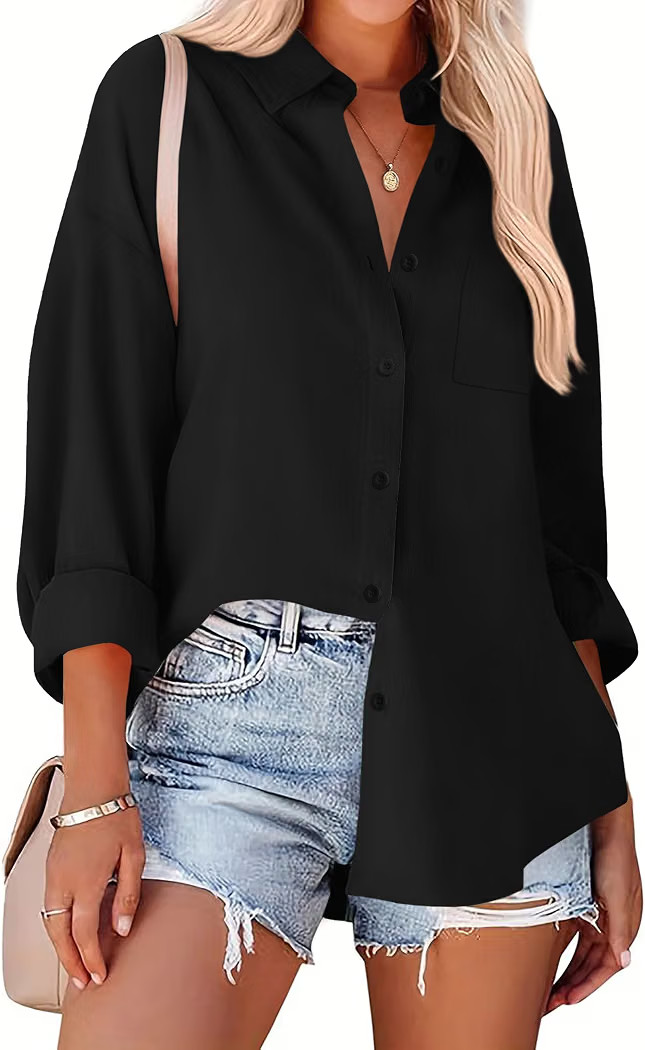 Zeagoo Women Button Down Shirts Oversized Long Sleeve Blouses with Pocket | Amazon (US)