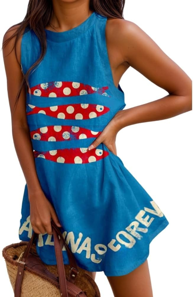 Women's Summer Ocean Animal Print Cotton Linen Mini Tank Dress Casual Loose Sleeveless Beach Vaca... | Amazon (US)