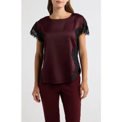 Anne Klein Lace Trim Satin Top in Barolo/black at Nordstrom, Size Small | Nordstrom