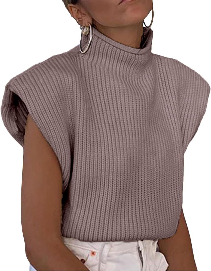 xxxiticat Women's Shoulder Pad Sweater Top Sleeveless Turtleneck Wide Shoulder Knitted Sweater Ju... | Amazon (US)