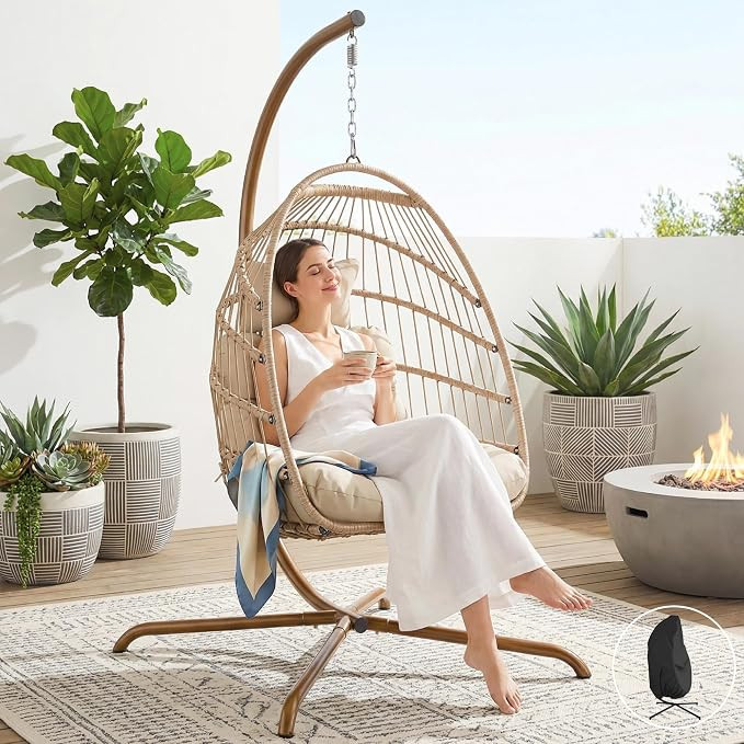 Indoor Outdoor Wicker Hanging Egg Chair with Stand, Cozy Patio Swing Hammock Egg Shell Chairs wit... | Amazon (US)