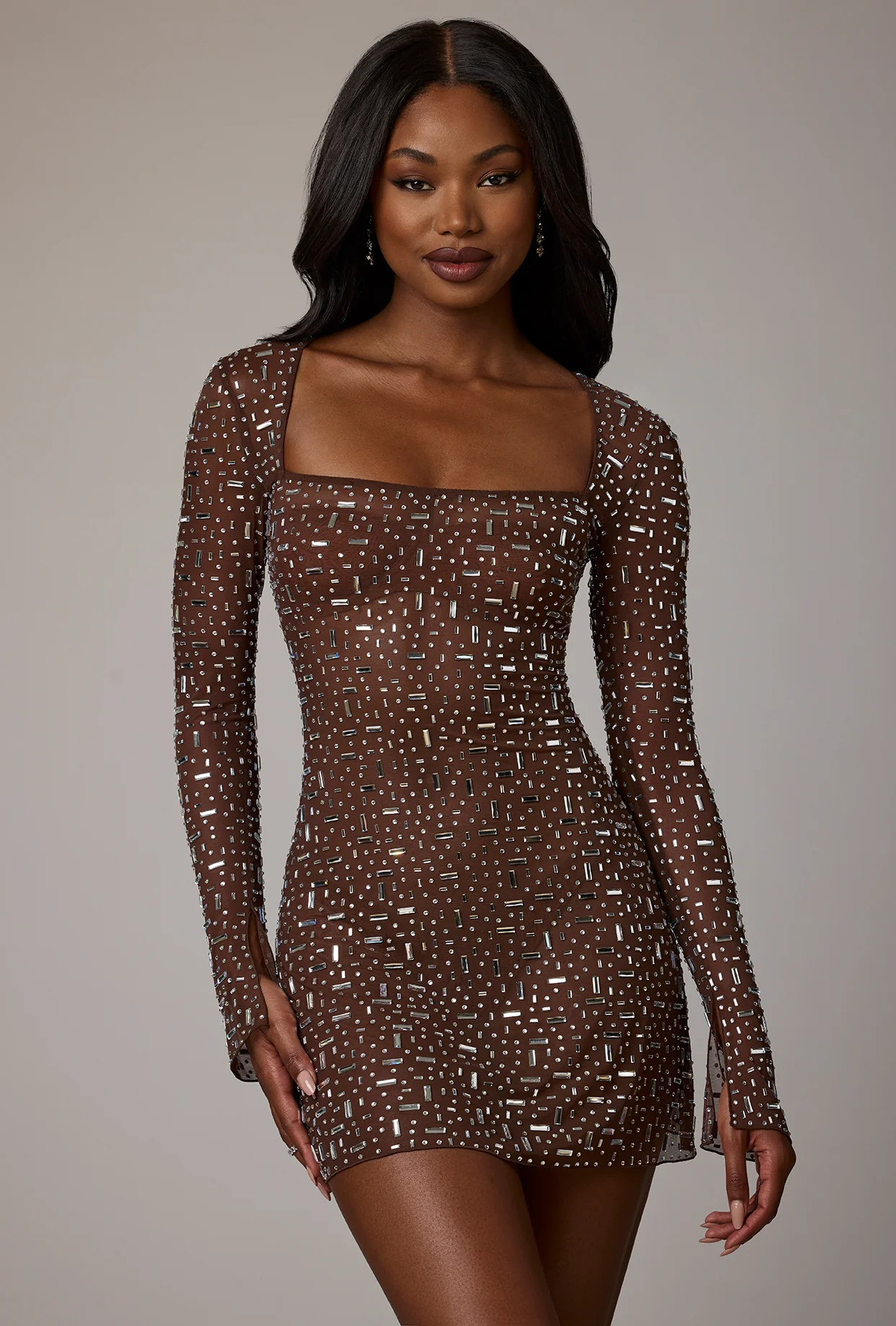 Sheer Embellished Long Sleeve A-Line Mini Dress in Deep Cocoa | Oh Polly