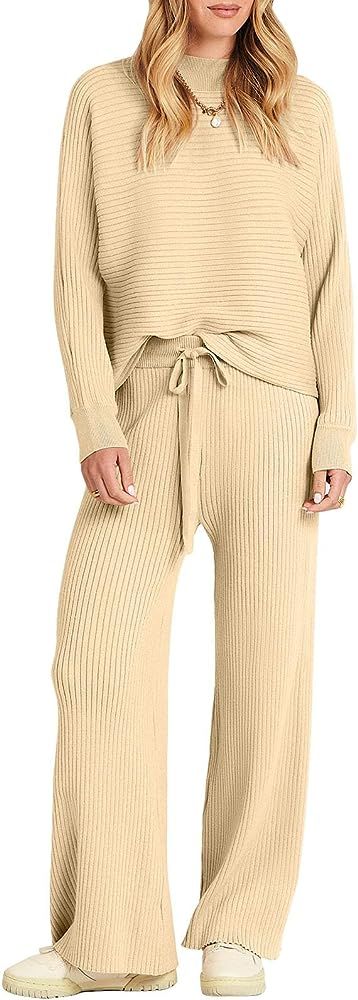 ANRABESS Women's Two Piece Outfits Batwing Long Sleeve Crop Top & Ribbed Knit Wide Leg Pants Loun... | Amazon (US)