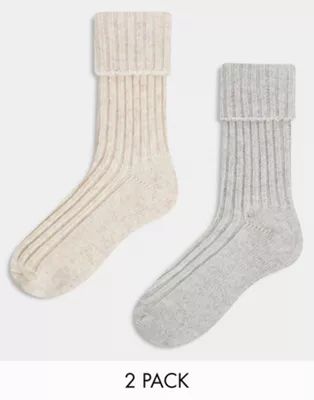 ASOS DESIGN 2 pack wool mix calf length lounge socks in neutral tones | ASOS (Global)