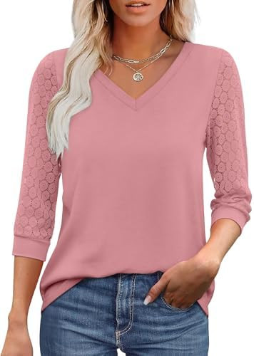 XIEERDUO 3/4 Length Sleeve Womens Tops V-Neck Lace Tunic Tops Business Casual Outfits Work Blouse... | Amazon (US)