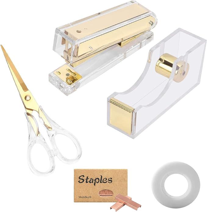 Acrylic Gold Stapler Tape Dispenser Scissors Set Heavy Duty Office Desk Stapler Tape Cutter Dispe... | Amazon (US)