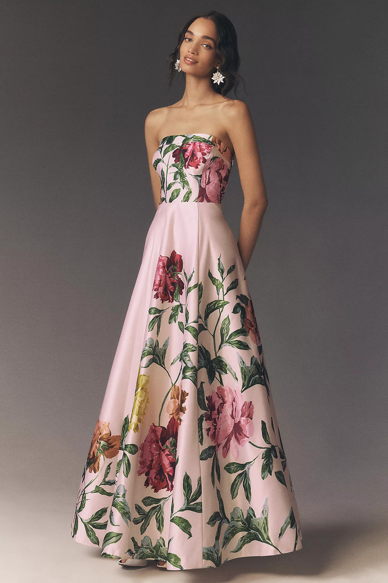 BHLDN Kira Strapless Printed Satin A-Line Maxi Dress | Anthropologie (US)
