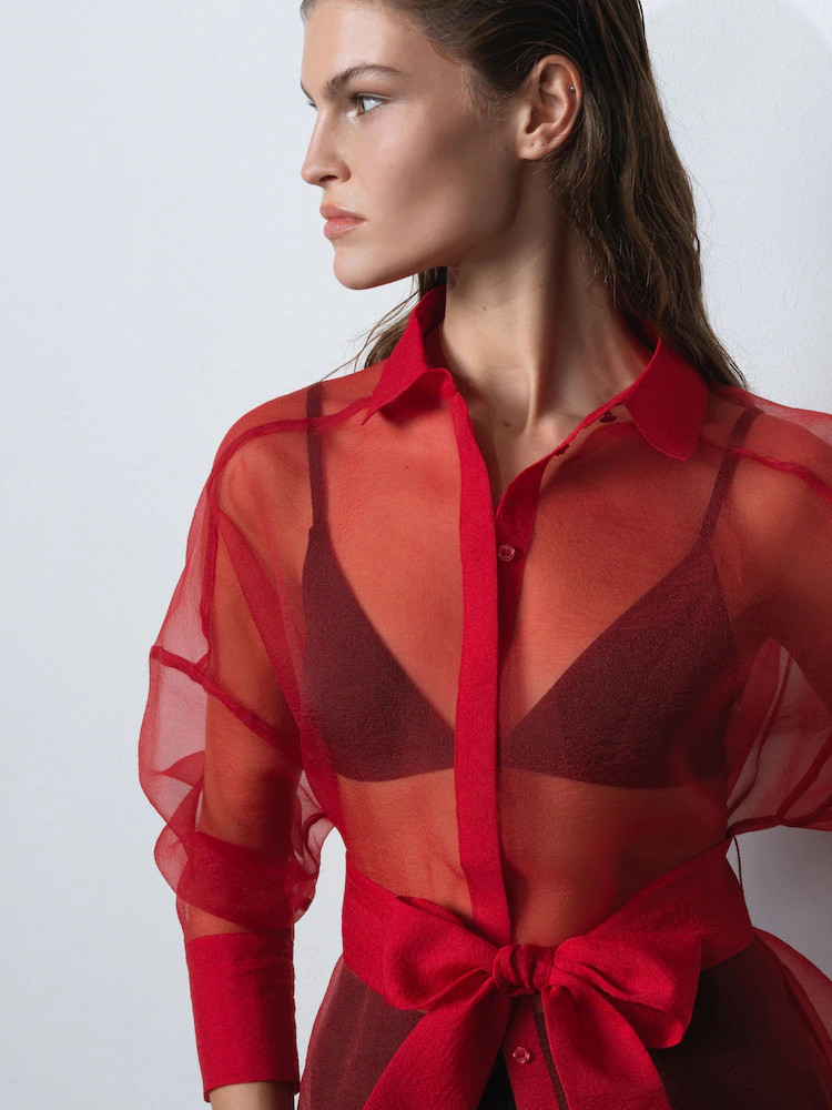 French Connection Red Mai Organza Tie Waist Shirt | Next US