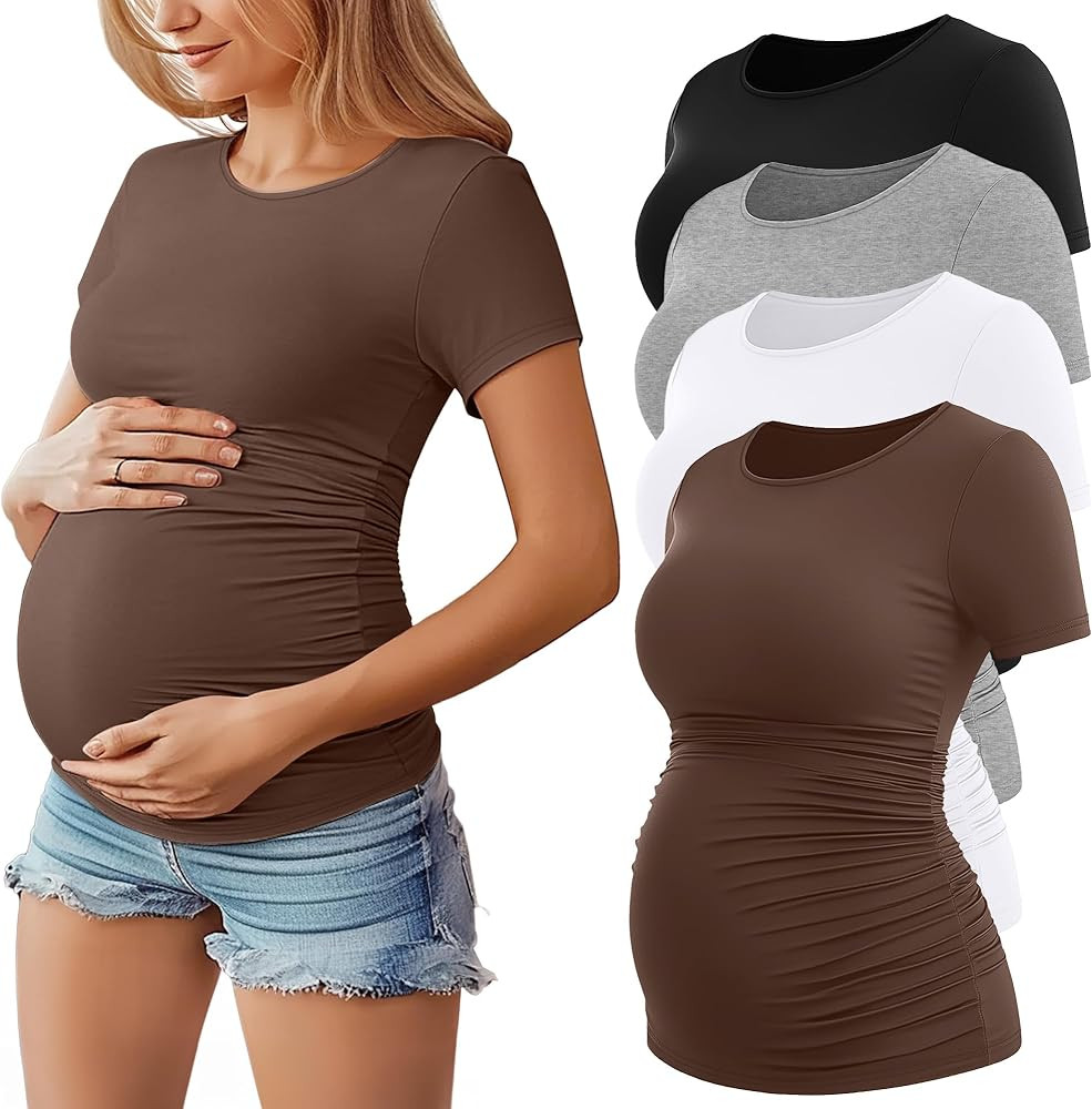Huukeay 4 Pack Women's Maternity Shirts, Crew Neck Maternity Top Short Sleeve Casual Cotton Tee S... | Amazon (US)