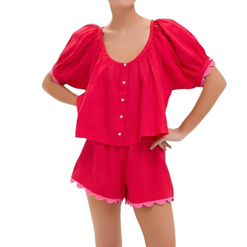 VAOYIU Two Piece Sets for Women Casual Summer Gingham Outfit Puff Sleeve Crew Neck Top Matching Shorts Set with Scalloped Hem | Amazon (US)