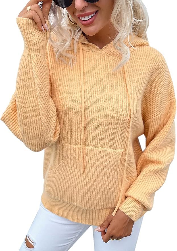 Angashion Women's Pullover Sweater Hoodies Casual Button Up V Neck Knitted Long Sleeve Hooded Sweate | Amazon (US)