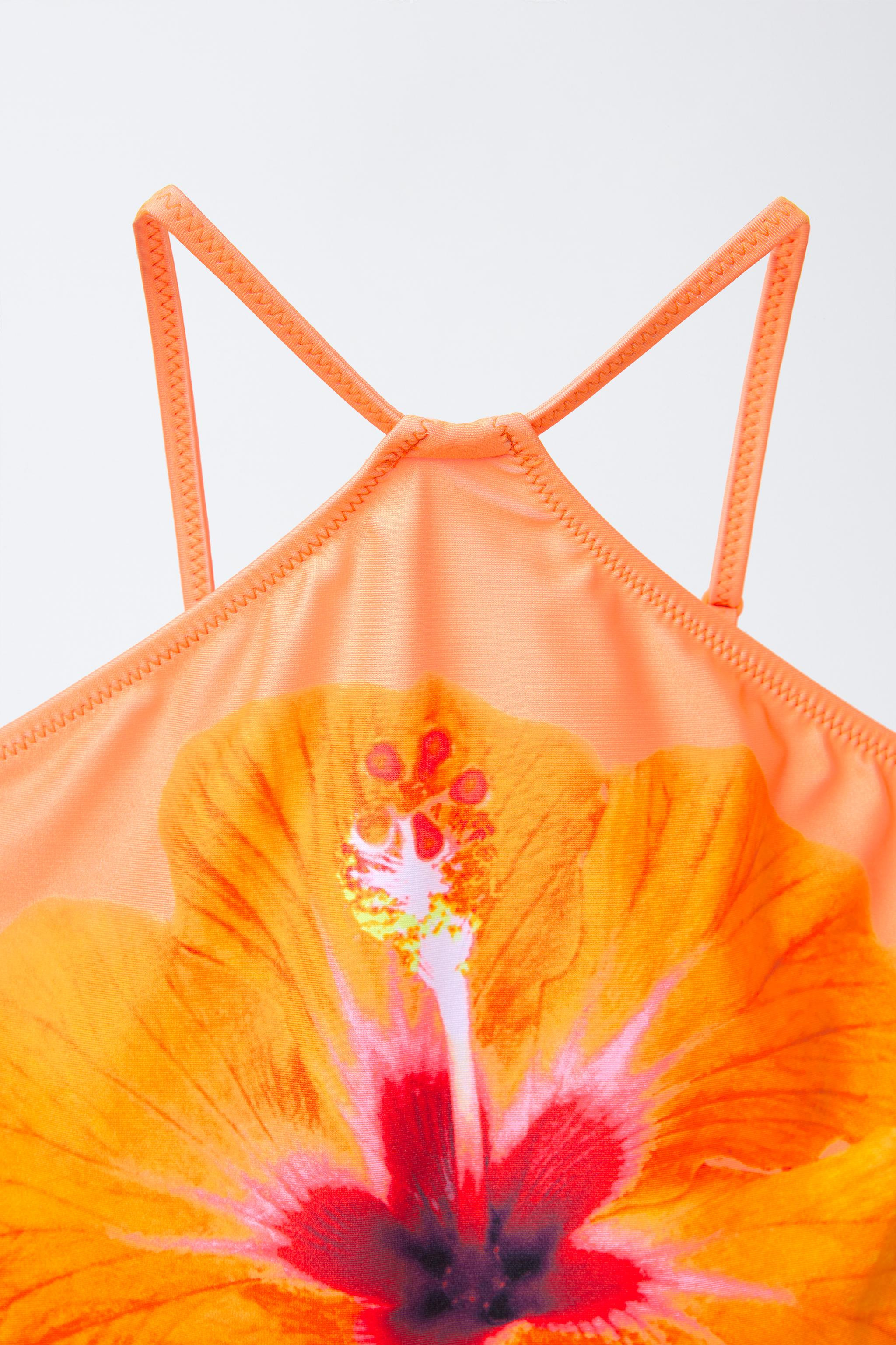 Halter neck swimsuit with adjustable straps. Floral print on the front. | Zara UK