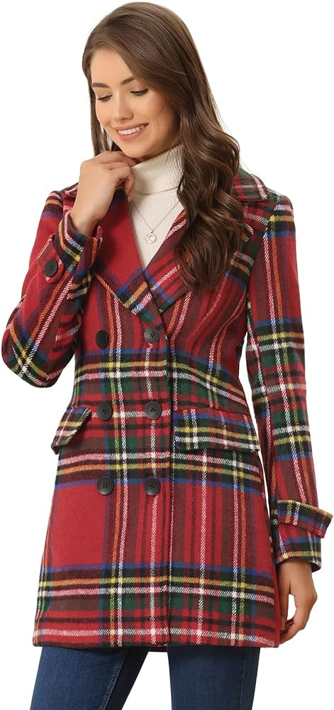 Allegra K Women's 2024 Double Breasted Pea Coat Buffalo Checks Notched Lapel Winter Plaid Coats | Amazon (US)