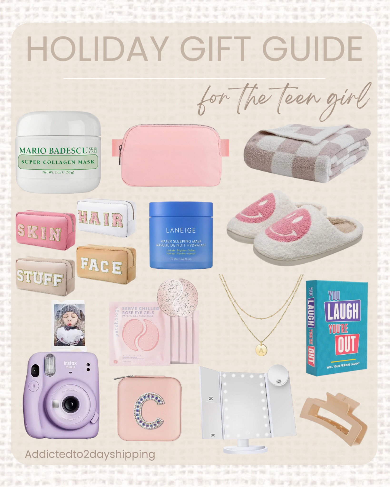 2023 holiday gift guide for the teen girl from Amazon!

Face masks, skin care, Fanny pack, checkered blanket, smiley face slippers, patch bags, lip mask, gold necklace, card game, Polaroid camera, travel jewelry container, make up mirror, claw clip  

#LTKHoliday #LTKGiftGuide #LTKfamily
