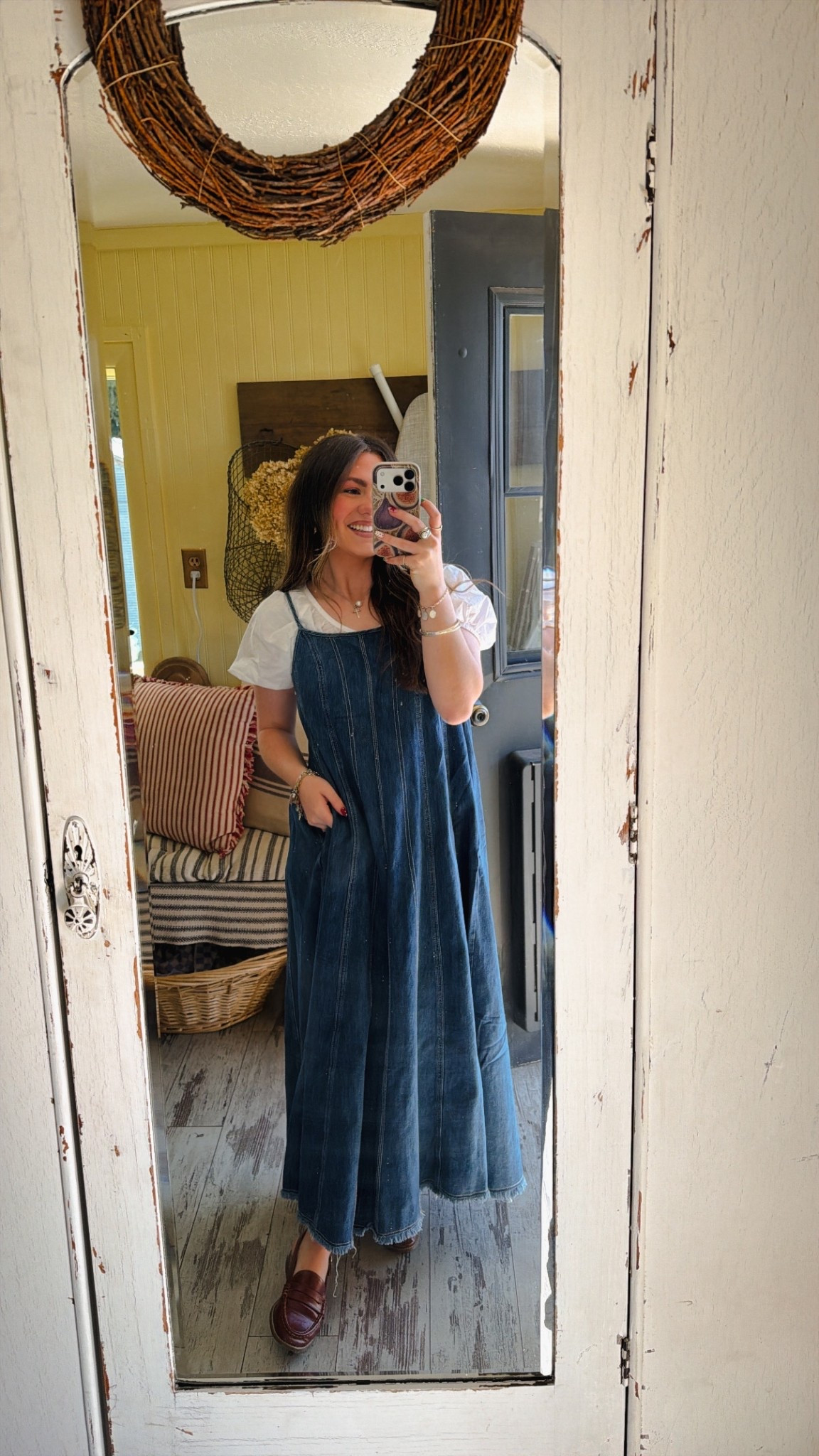 Love the length of this denim dress! I’m 5’2” and prefer a maxi length so this is perfect! Would be so cute with a white tank underneath or on its own when the weather warms up! For now I paired it with a white flowy blouse  

#LTKPetite #LTKootd
