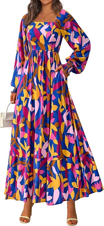 PRETTYGARDEN Women Floral Maxi Dresses 2025 Fall Long Sleeve Square Neck Boho A Line Wedding Gues... | Amazon (US)