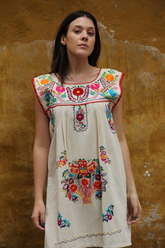 Beige and Multi colored embroidery Puebla Dress | Etsy (US)