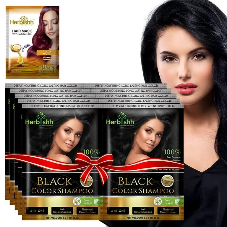 Herbishh Hair Color Dye Shampoo with Argan Hair Mask –Travel size–10+1pack (Black) | Walmart (US)