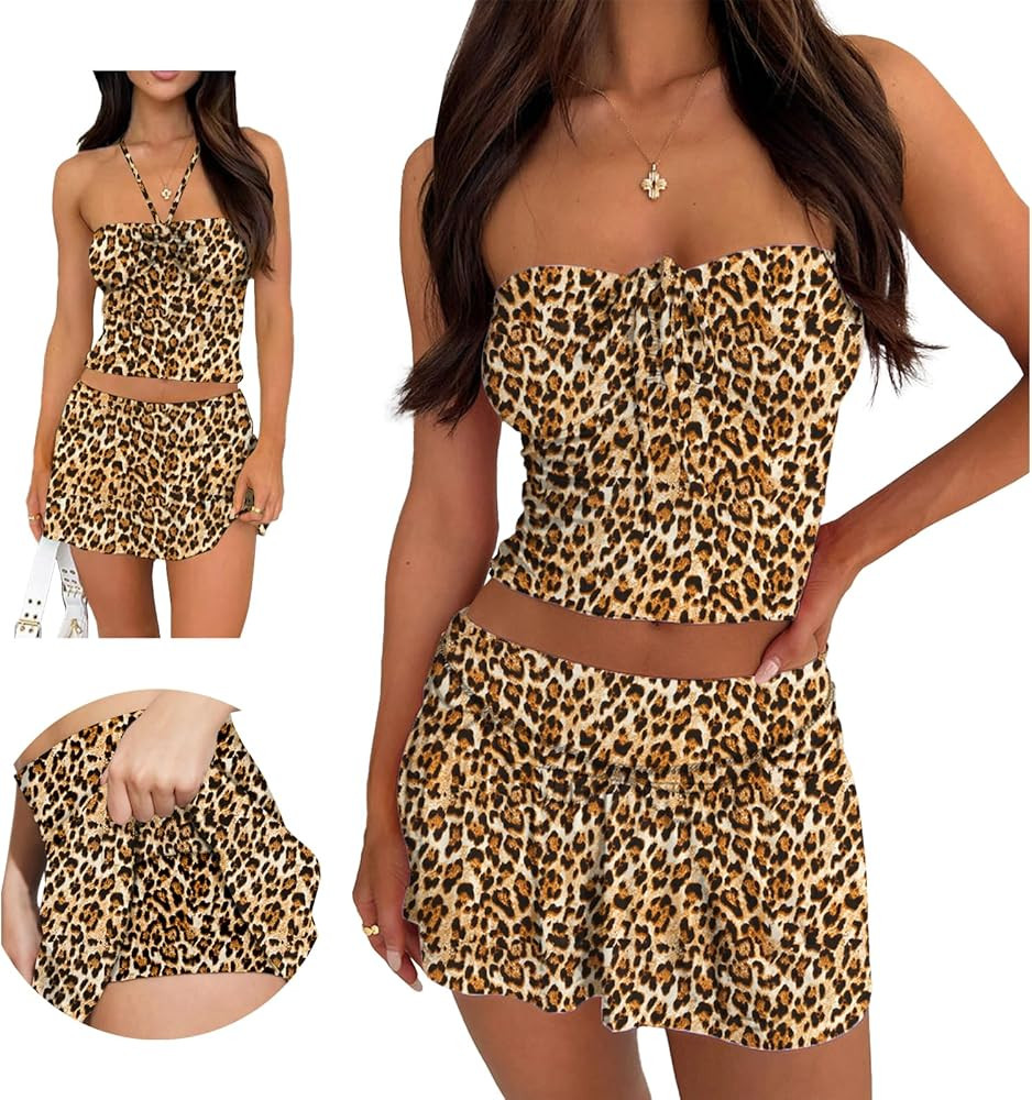 Summer Two Piece Outfits for Women Y2K Going Out Tie Ruched Tube Crop Tops Low Rise Pleated Mini ... | Amazon (US)