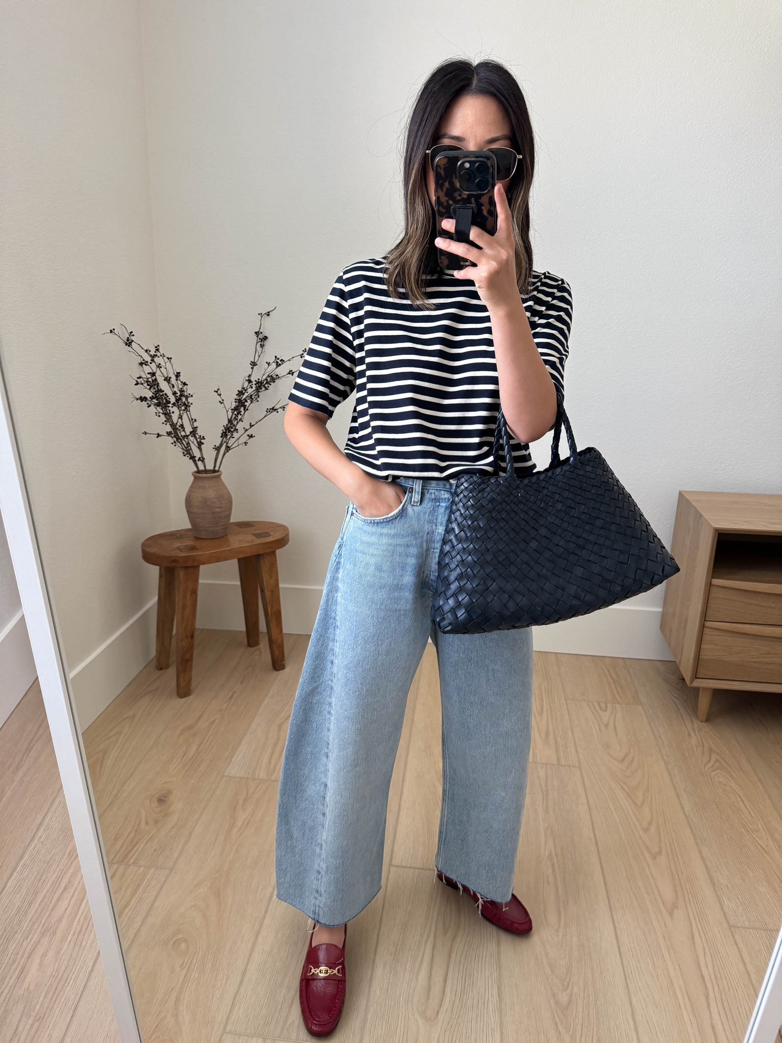 These are truly the best tees!!! The material is perfection - soft, keeps shape, longer sleeve length, not tight. Quality is superb. I sized up to a medium for an oversized fit. 

Kule tee medium. 
Agolde jeans 25. Cut hems. 
Sam Edelman loafers 5
Dragon Diffusion bag. Color is marine
Le Spec sunglasses  

#LTKShoeCrush #LTKSeasonal #LTKItBag