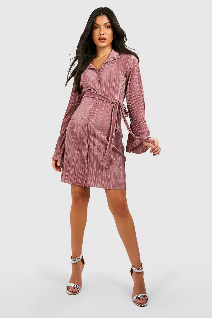 Maternity Plisse Belted Midi Dress | boohoo (US & Canada)