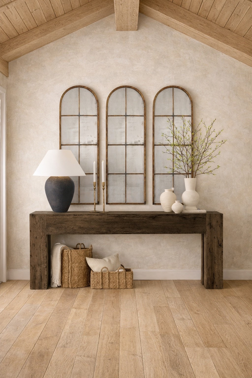 I’m loving this organic console table styling! The beautiful rustic texture of this table paired with the ceramic finish of this lamp, and the smoked glass on these mirrors creates a warm and elevated feel. 

#LTKHome