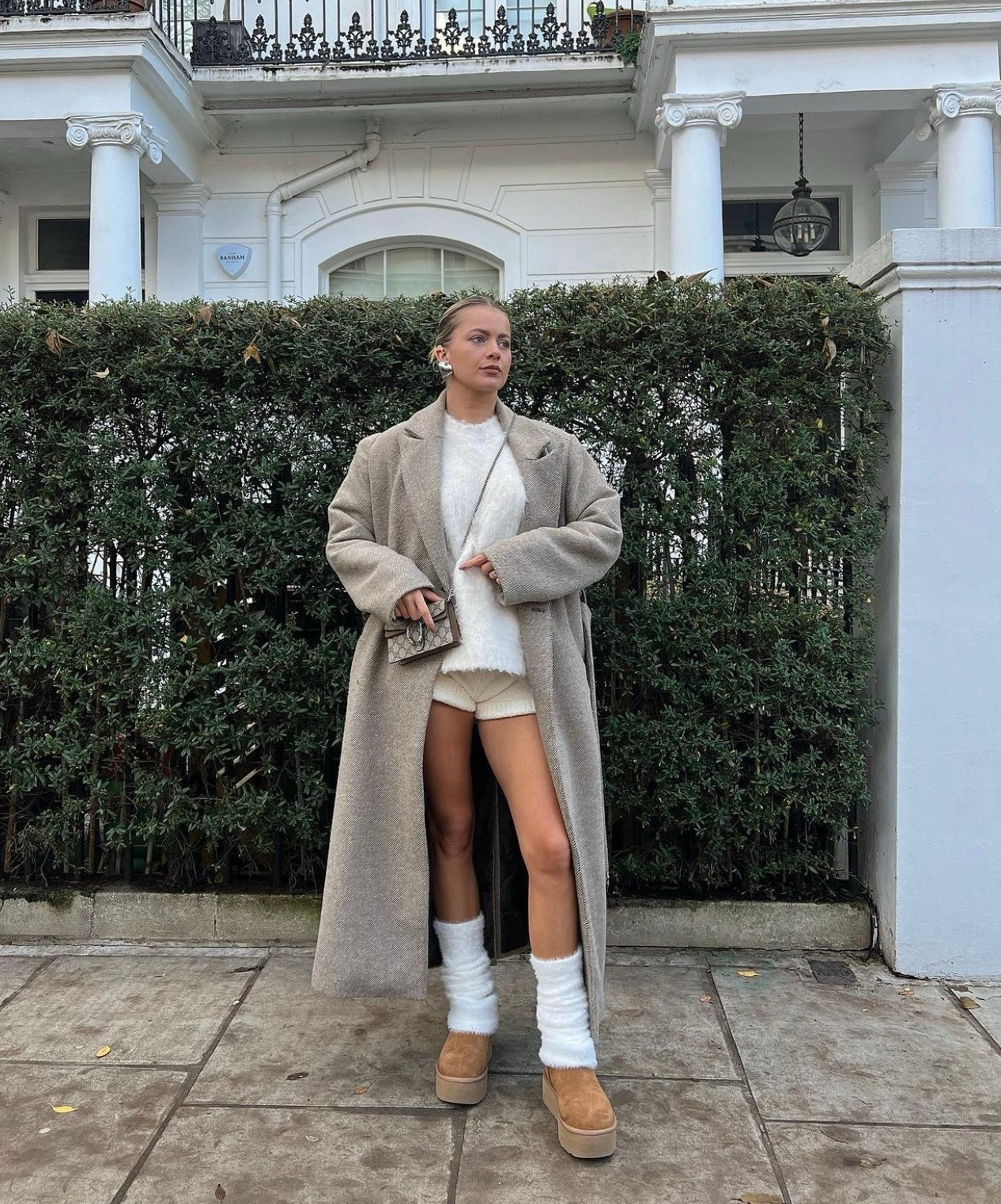 Platform Ugg boots, tan boots, neutral outfit, wool oversized coat, H&M, fluffy jumper and shorts, white leg warmers, Gucci bag, neutrals, cosy outfit 

#LTKeurope #LTKSeasonal #LTKstyletip