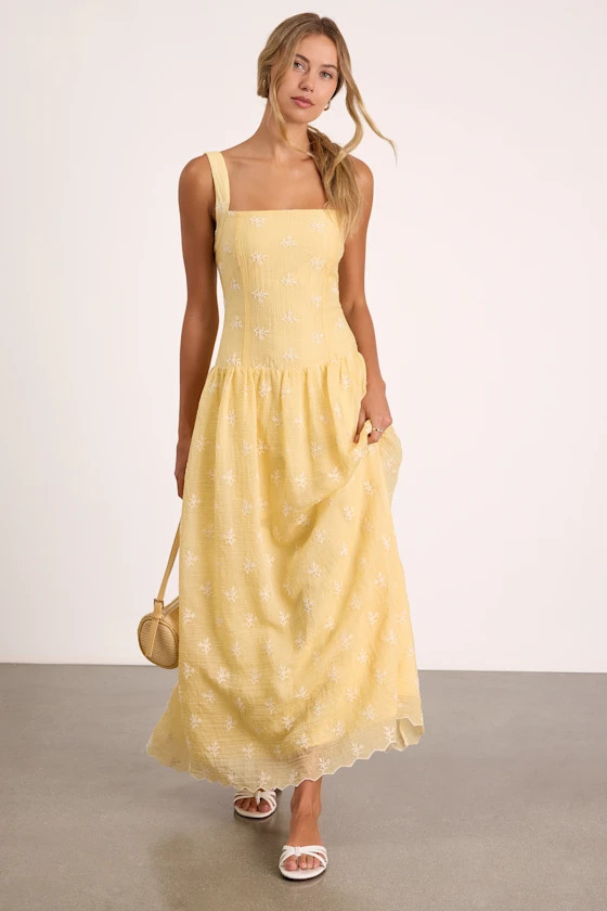 Starletta Yellow Embroidered Drop Waist Maxi Dress | Lulus