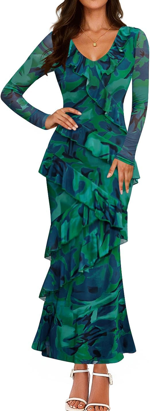 Amazon.com: ZESICA Women's Fall Floral Long Sleeve Maxi Dress 2026 Boho Bodycon V Neck Ruffle Wed... | Amazon (US)