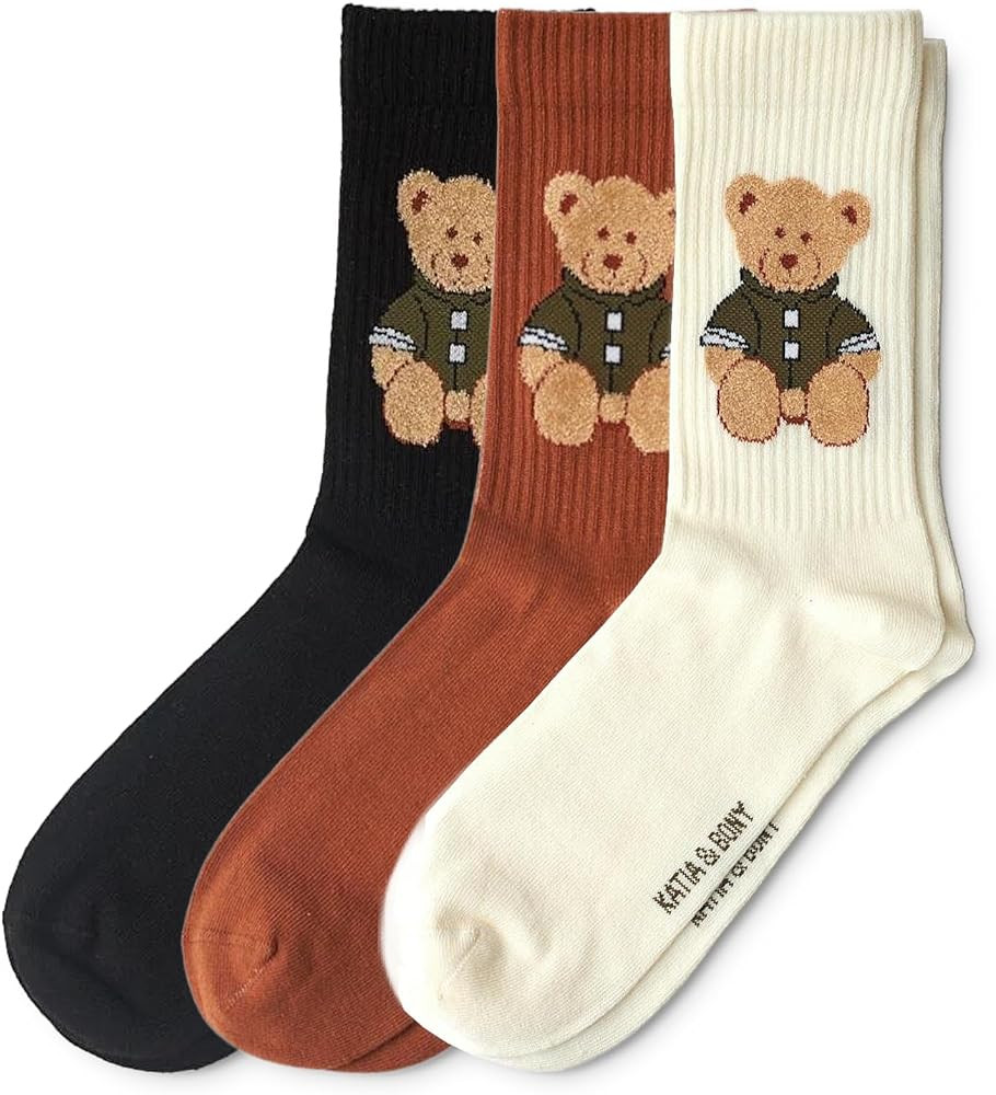 bony&katia Cute Teddy Bear Crew Socks for Women and Men 3 Pairs Set - Soft Breathable Cotton - Gi... | Amazon (US)