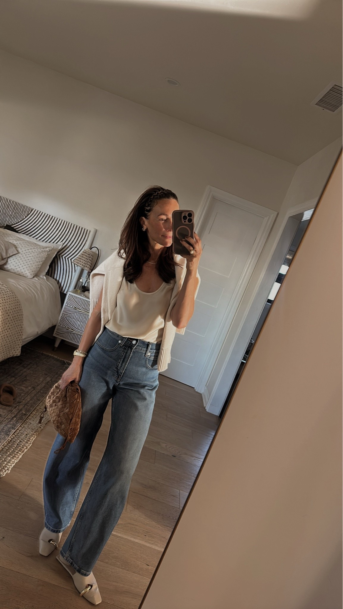 Mom’s night out 
Favorite barrel jeans in the 29” length 
Favorite ivory silk blouse 
Pierced mules are from last season, these are ivory, but restocked in white. These are a favorite for when I want to dress up a minimal outfit

#LTKOver40