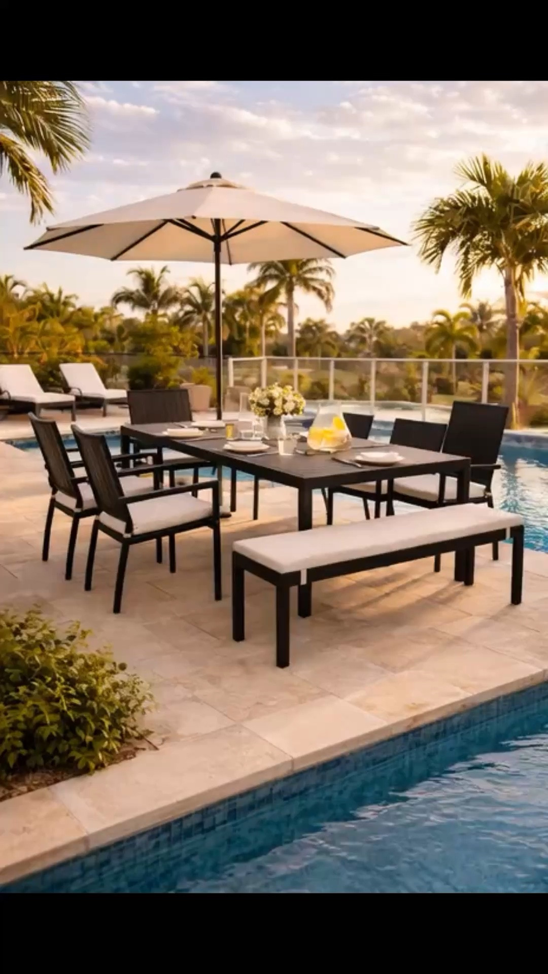 Outdoor Poolside Dining Set for the Perfect Summer Patio Create a beautiful backyard entertaining space with this modern outdoor dining set. The sleek black patio table, cushioned chairs, and bench seating make it perfect for poolside dinners, summer brunch, or hosting friends outside. I love how this setup instantly elevates a backyard patio while still feeling relaxed and functional. If you're looking for outdoor furniture that blends modern style with comfort, this poolside dining set is a gorgeous option for summer entertaining and outdoor living. #ad #affiliate

 #outdoorliving #patioinspiration #backyarddesign #outdoorfurniture #patiodecor #poolsidevibes #backyardinspo #summerpatio #outdoordining #backyardgoals #modernpatio #poolsideentertaining #patiostyle #outdoorentertaining #homeinspiration #backyarddecor #luxurypatio #poolsidepatio #summeroutdoors 

 