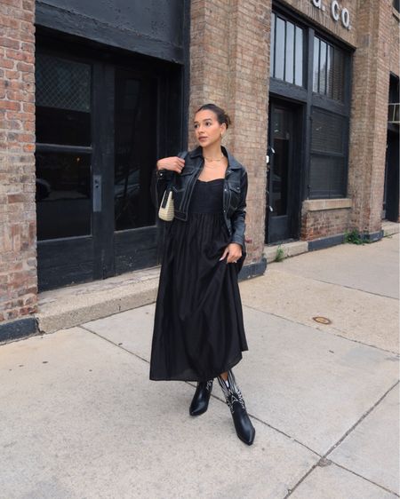 black dress + bag + cowboy boots 