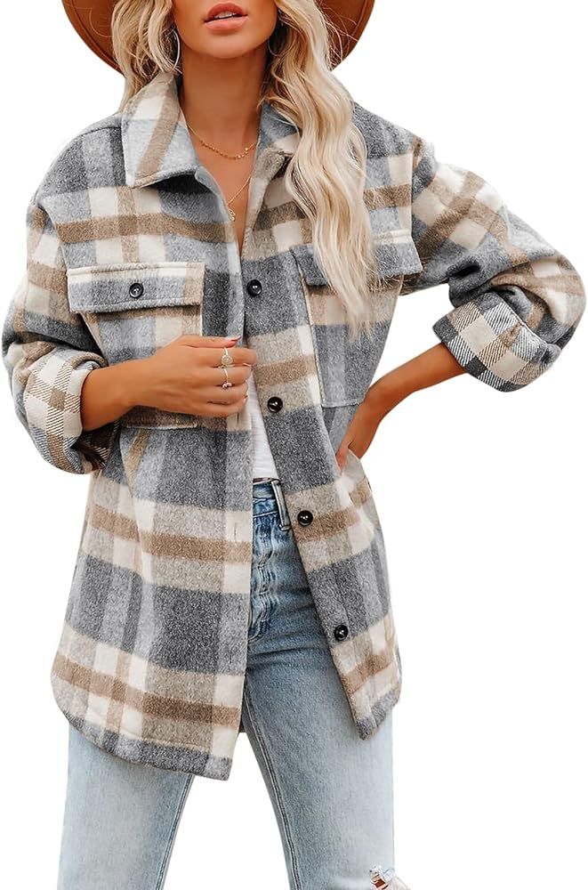 Women's Brushed Plaid Shirts Long Sleeve Flannel Lapel Button Down Pocketed Shacket Jacket Coats | Amazon (US)