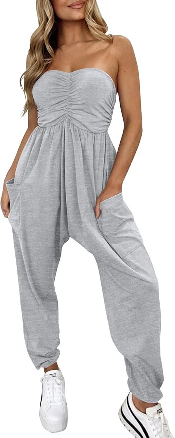 MIHOLL Womens Jumpsuit 2024 Casual Summer Strapless One Piece Rompers Loose Overalls Jumpers with... | Amazon (US)