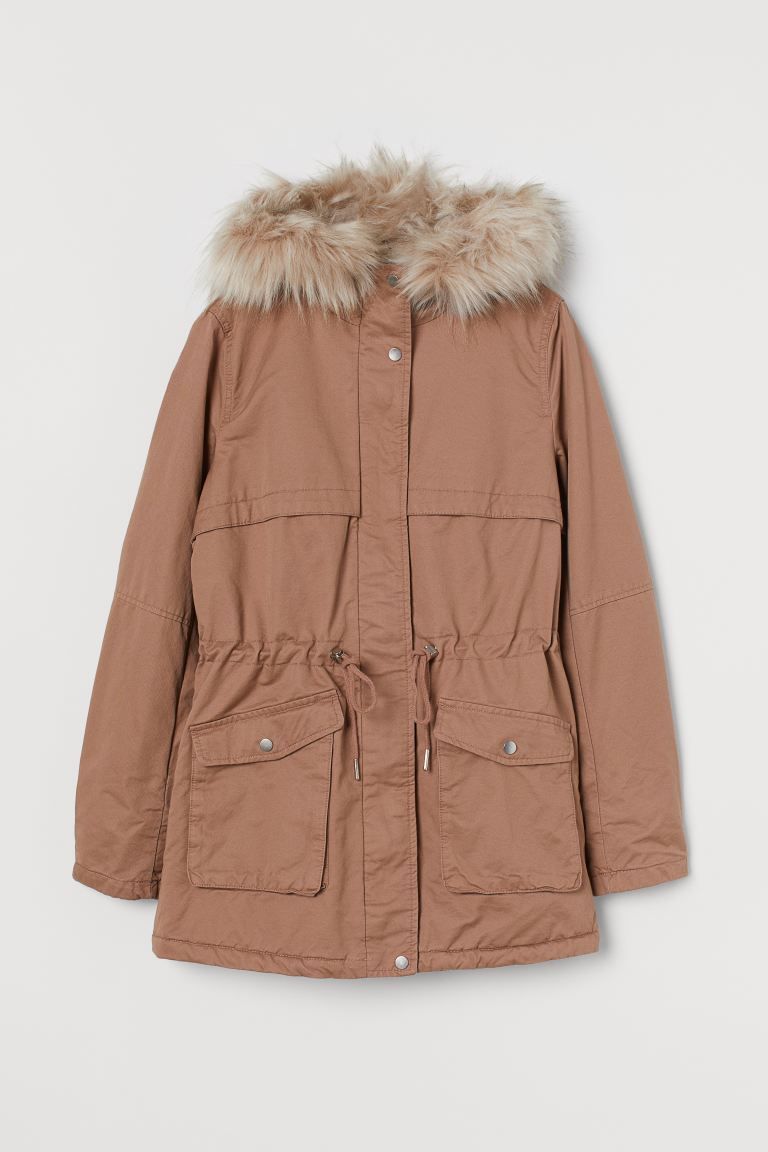 Short, faux shearling-lined parka in woven cotton fabric with a faux fur-trimmed hood. Stand up c... | H&M (US)