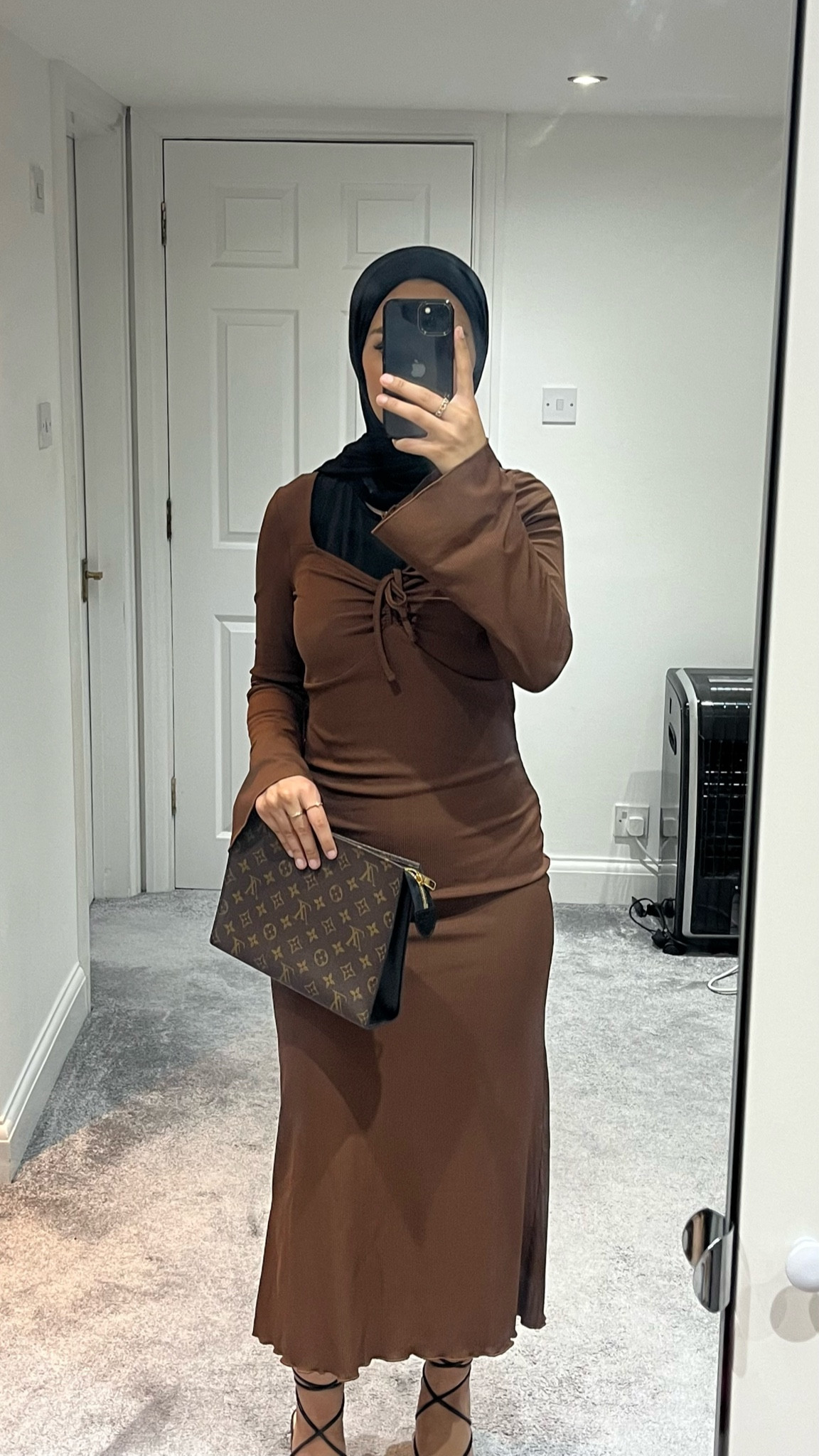 brown ribbed ruched dress