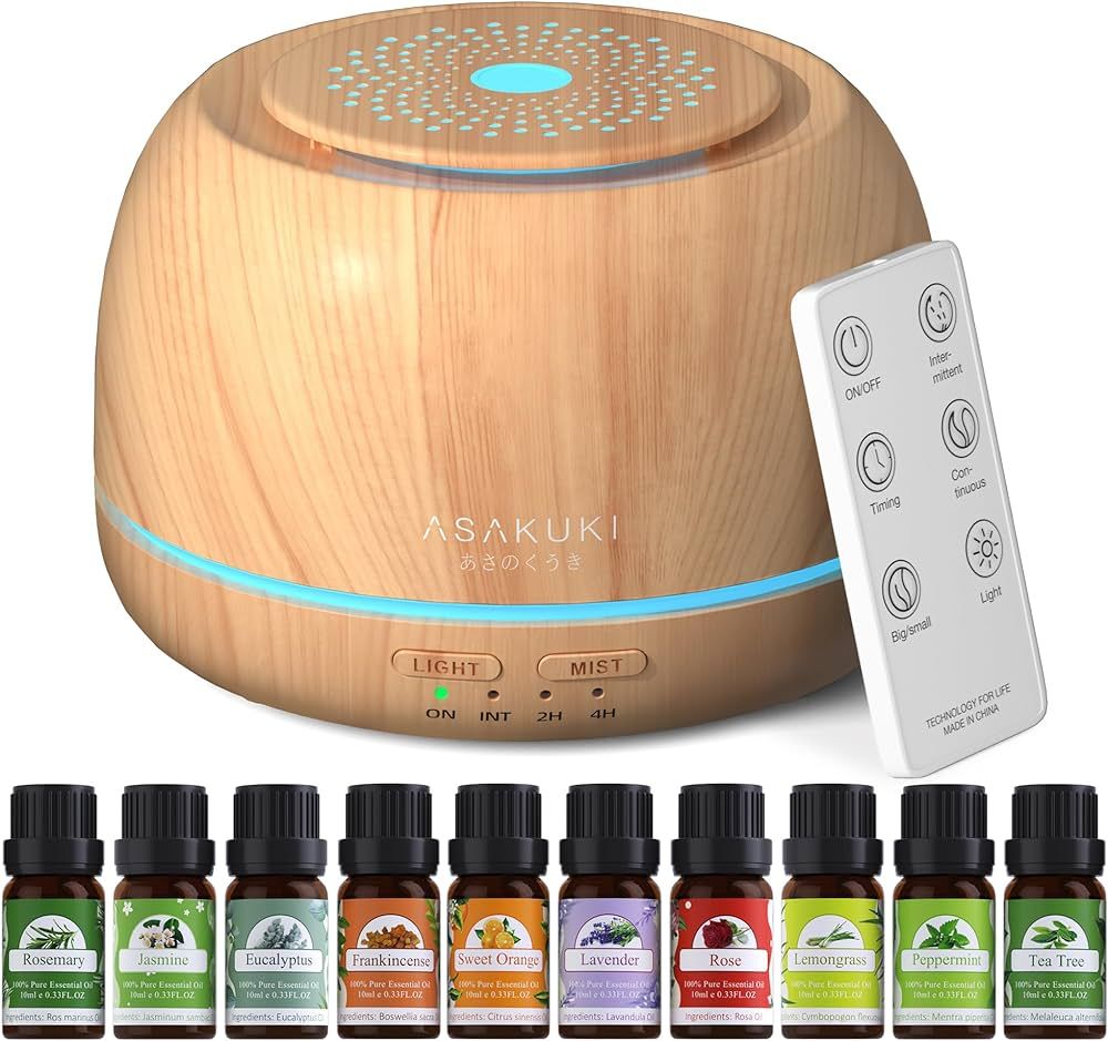 ASAKUKI Essential Oil Diffusers with 10Pcs*10ml Pure Essential Oil Gift Set, 5 in 1 Ultrasonic 30... | Amazon (US)