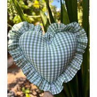 Green Gingham Cotton Heart Ruffled Cushion | Etsy (US)
