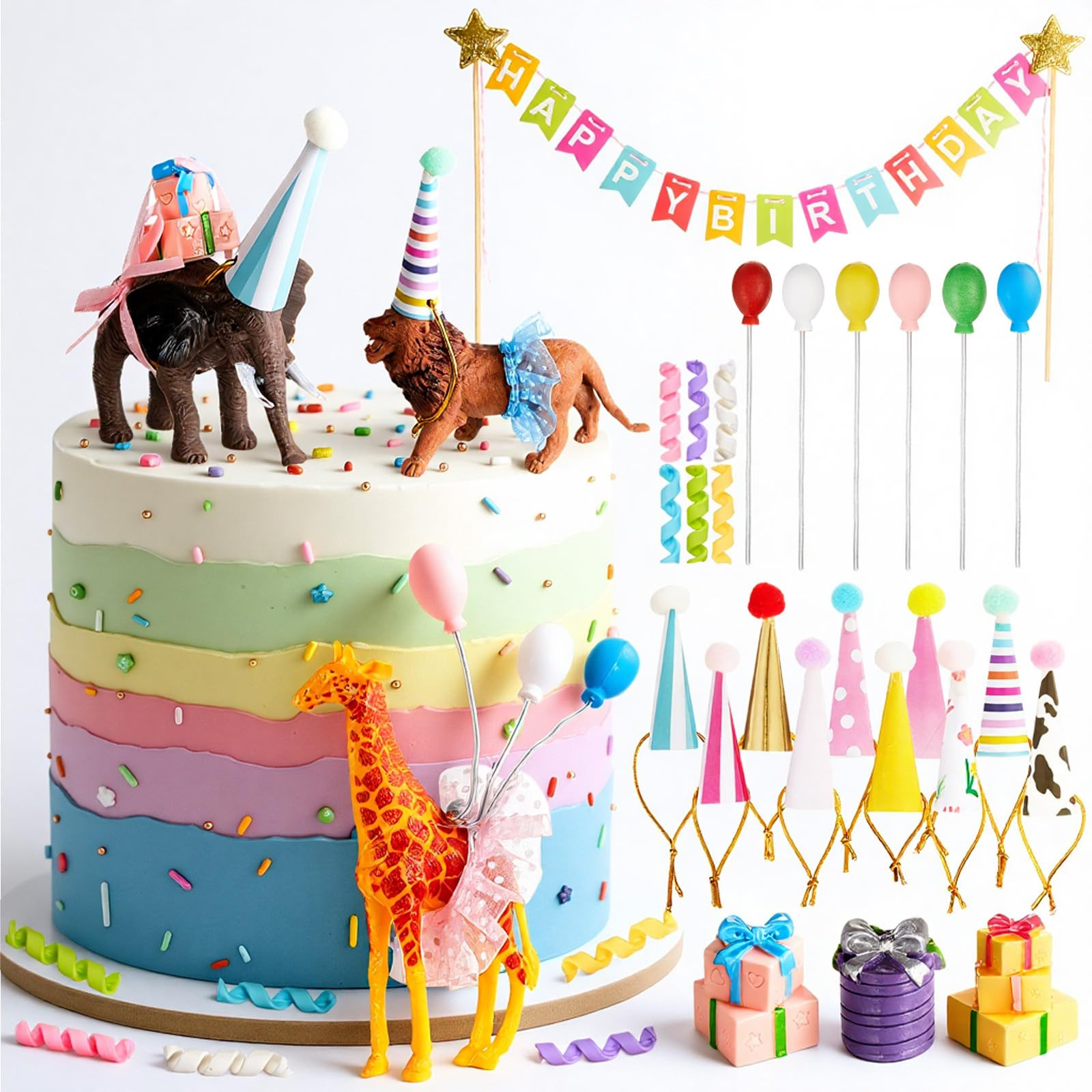 39 Pcs Safari Animal Cake Toppers Party Cake Animal Decorations Jungle Figures with Hats Mini Bal... | Amazon (US)