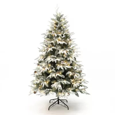 LuxenHome 7 ft. Pre-Lit Snowy Green Branches Artificial Christmas Tree with Metal Stand | Tractor Supply