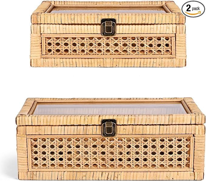 Rattan Decorative Box with Lid, Rectangular Woven with Glass for Display, Set of 2 Wicker for Dec... | Amazon (US)