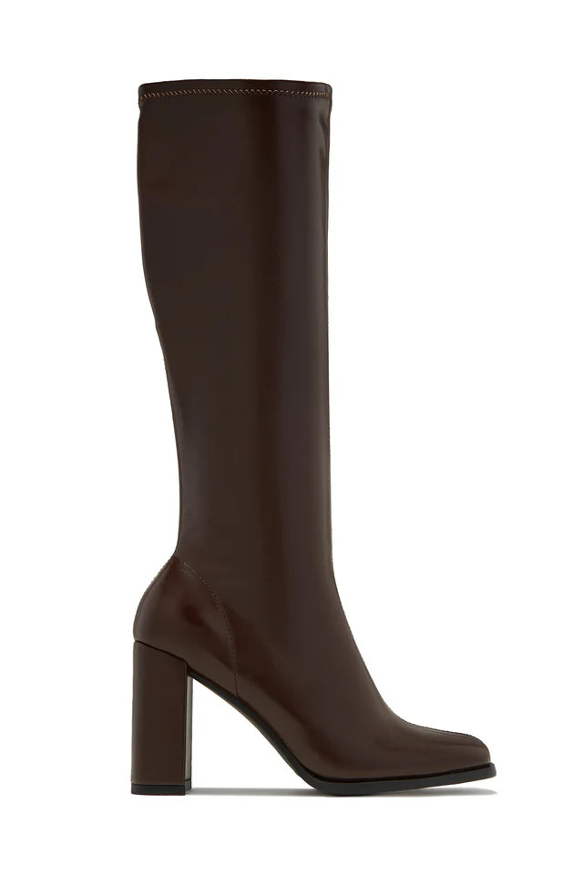 Miss Lola | Rylee Brown Block Heel Knee High Boots | MISS LOLA