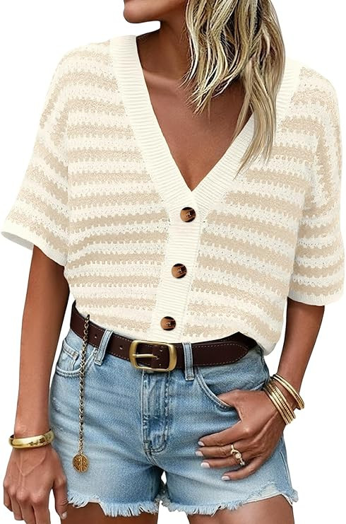 Saodimallsu Womens Short Sleeve Striped Cardigan Sweaters Crochet Knit Button Down Shirts V Neck ... | Amazon (US)