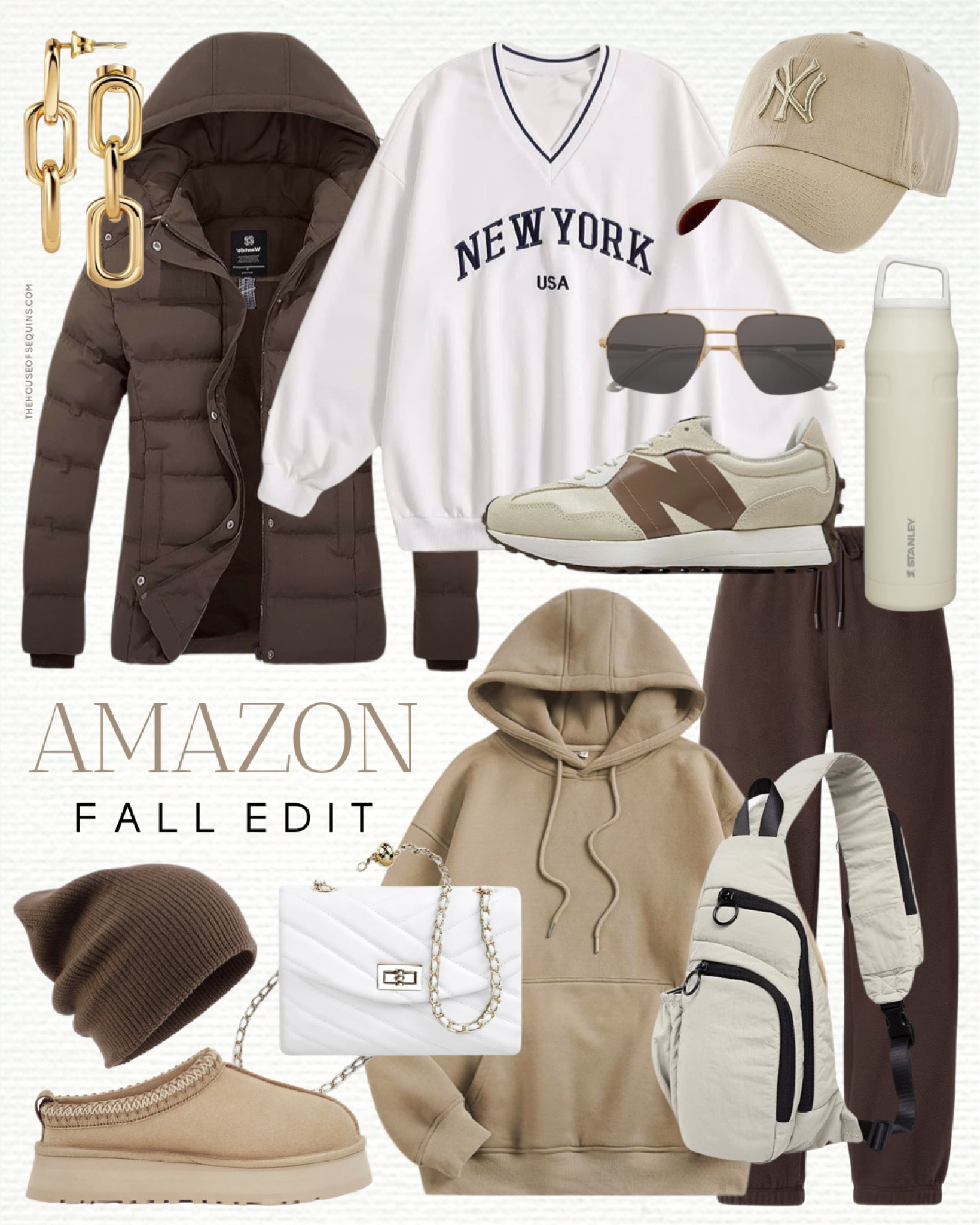 Shop these Amazon casual fall outfit finds! Travel outfit, airport look, oversized hoodie, chocolate brown sweatpants, puffer jacket, sling bag, Varsity sweater, graphic sweatshirt, Stanley water bottle, knit beanie, Ugg Tazz look for less and more!

#LTKstyletip #LTKSeasonal #LTKtravel