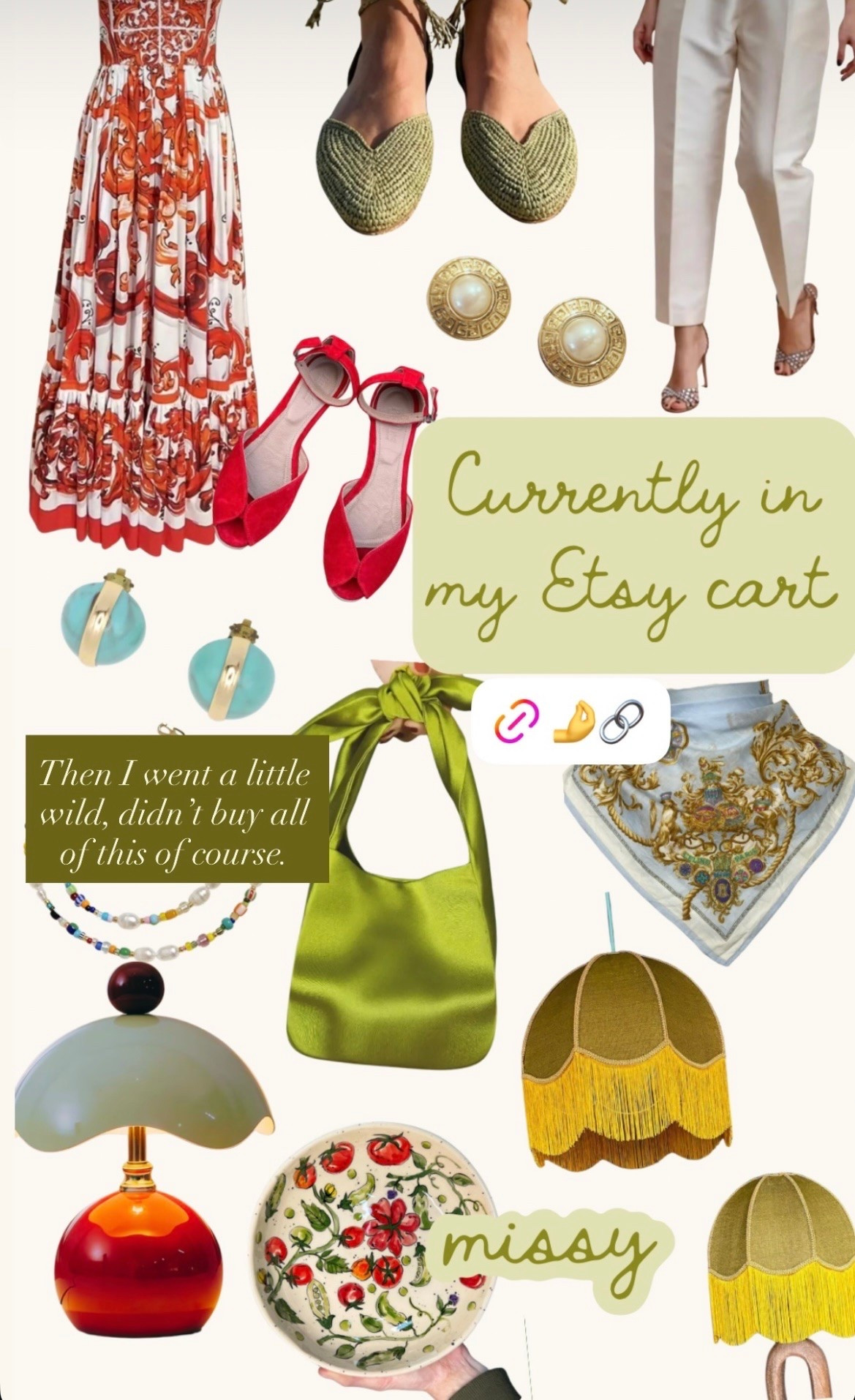 Currently in Missy’s Etsy Cart: The vibe is part Mediterranean vacation (honeymoon loading ⏳), part old money summer-on-a-boat aesthetic, part vintage boho boutique owner… and full-on color. These unique pieces have both me and my Etsy wishlist in a chokehold:

- Majolica Print 100% Cotton Porcelain Print Long Sundress in Red 🌹
- Vintage Givenchy Pearl Gold Plated Clip-On Earrings 🪝
- Handmade Vintage Hessian Soft Shade Lampshade in Pickle Green 🥒
- Vintage Céline Paris Cotton Scarf in light blue w/ nautical design and gold crest ⚓️
- Eggshell Ambient Table Lamp 🪔
- Suede Sandal Peep-Toe Flats with Ankle Strap in Red 🍒
- Chartreuse Green Satin Purse 🍐
- Vintage West Germany Clip-On Turquoise Blue Lucite Dome Gold Tone Earrings 🪺
- Cream Satin Silk High-Waisted Pants 🪡
- Handmade Raffia Lace-Up Flats in Olive Green 🫒
- Mixed Beads Multicolor Pearl Choker 🐚

#LTKMidsize #LTKTravel #LTKSeasonal