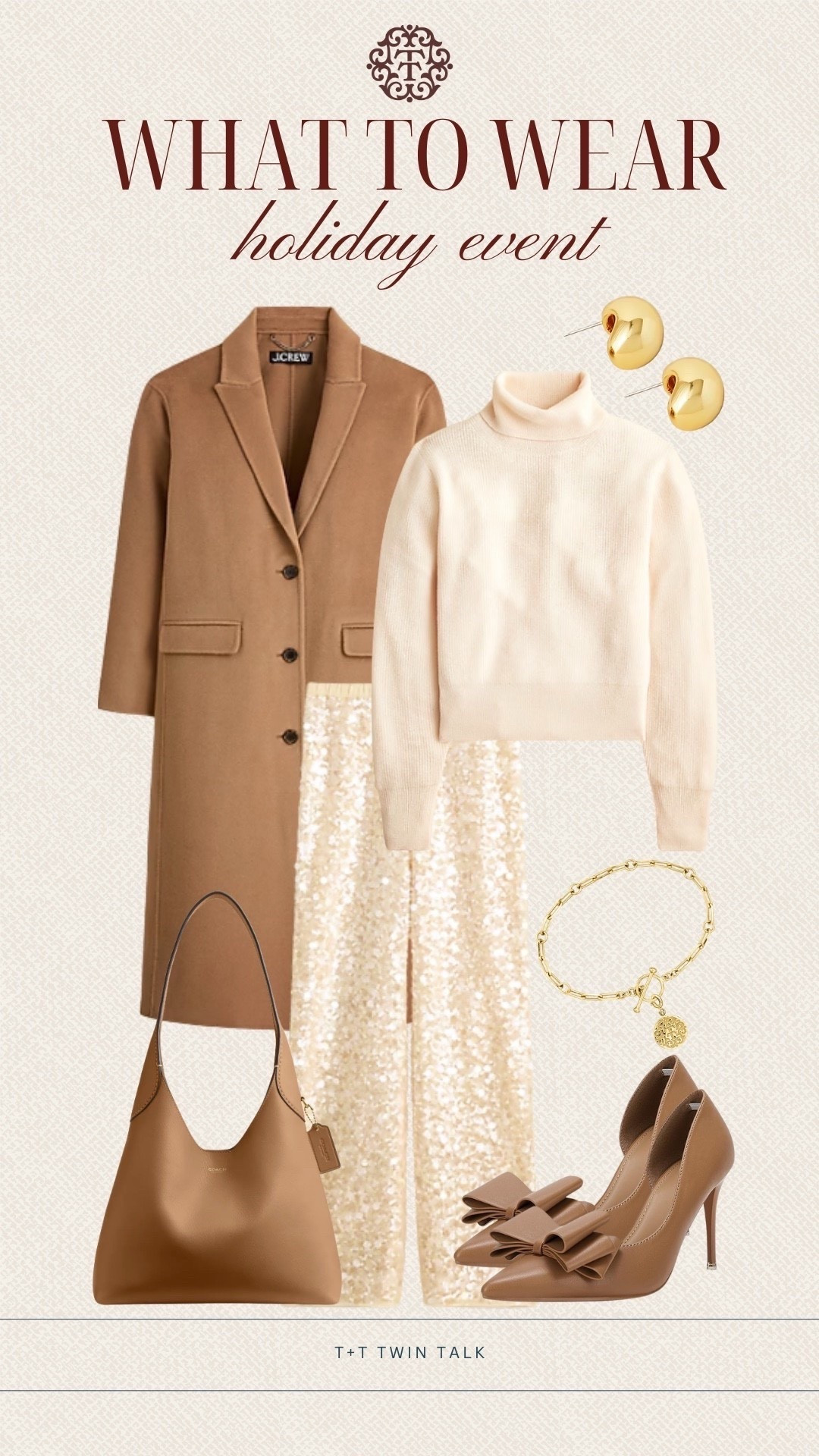 T+T, what to wear to a holiday event! Bring the sparkle with these fun sequin pants from J.Crew. Keep it classy with a matching long sleeve sweater and layer a camel colored coat over the top to stay warm. We would accessorize the look with camel colored heels, a matching couch purse, and gold jewelry! 

#LTKOver40 #LTKSeasonal #LTKHoliday