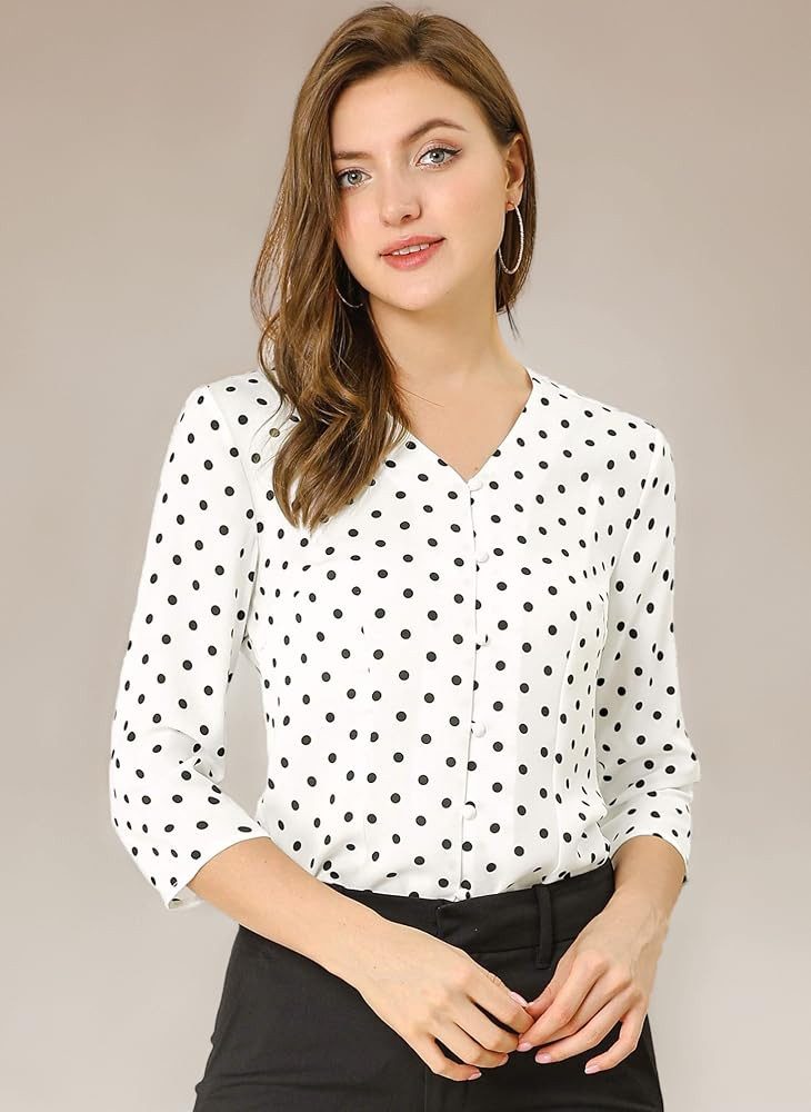 Allegra K Women's V Neck Shirt 3/4 Sleeve Button Front Vintage Work Tops | Amazon (UK)