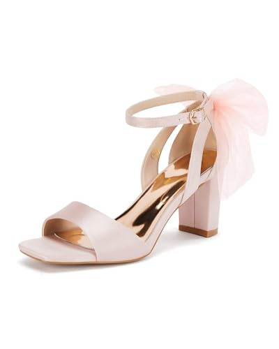 Coutgo Women's Bow Tie Heeled Sandals Chunky Heels One Strap Satin Ankle Buckle Dress Wedding Shoes, Pink, Size 7.5 | Amazon (US)